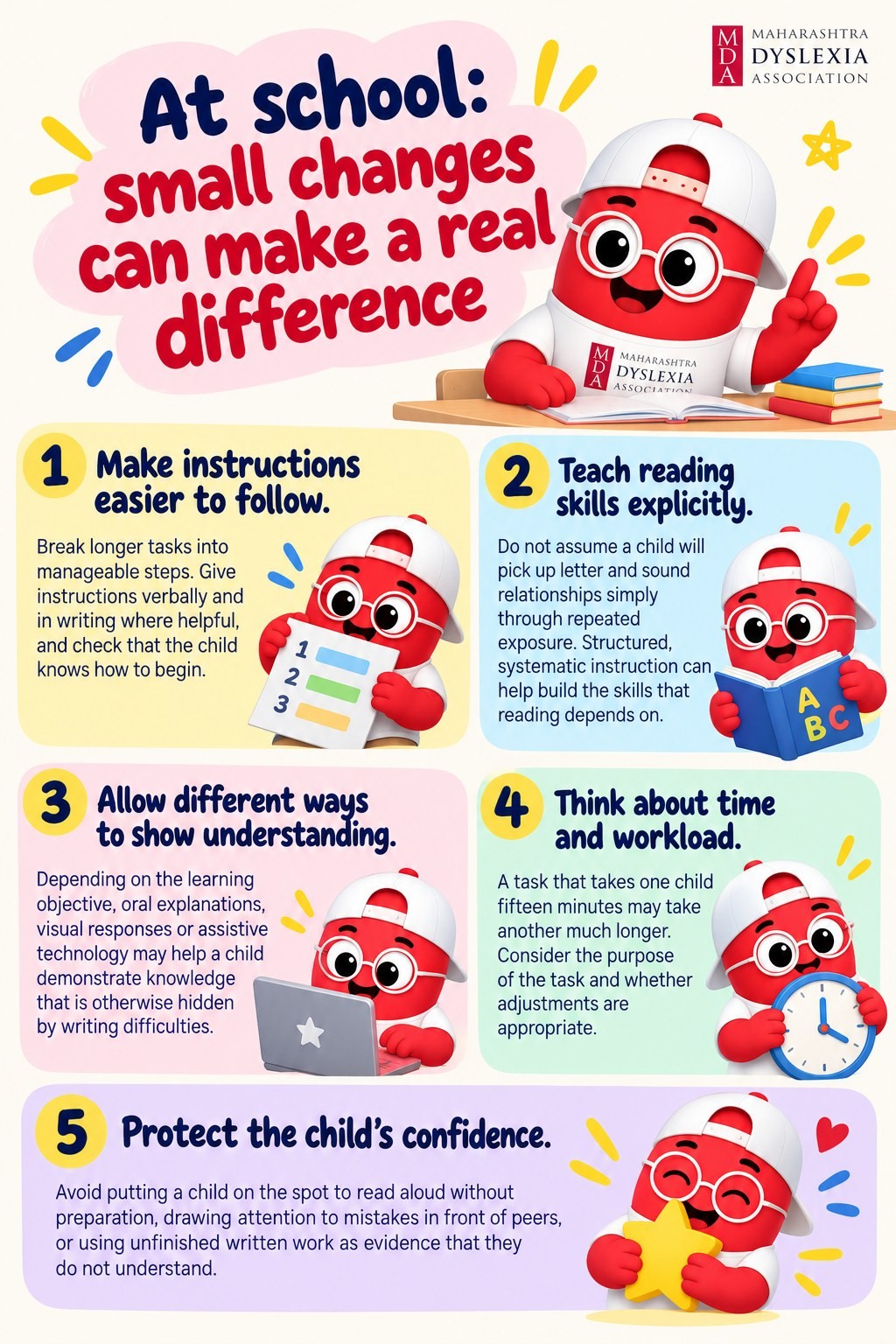 Infographic: At school, small changes can make a real difference. Make instructions easier to follow; teach reading skills explicitly; allow different ways to show understanding; think about time and workload; protect the child's confidence.