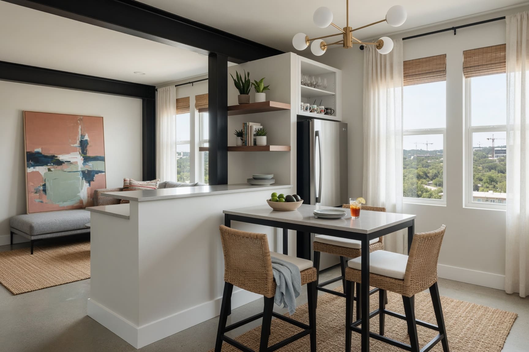 Kitchen with breakfast bar, open shelving, and city views