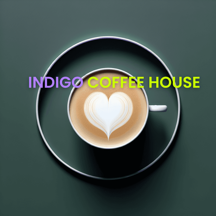 A 3D coffee cup  with a froth heart shape and a text that says “INDIGO COFFEE HOUSE”