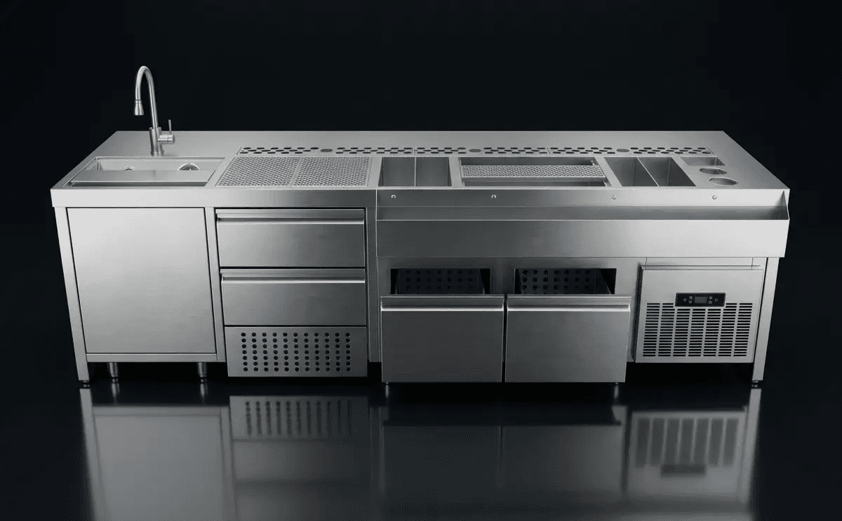 stainless steel underbar refrigeration counter with integrated sink and storage drawers
