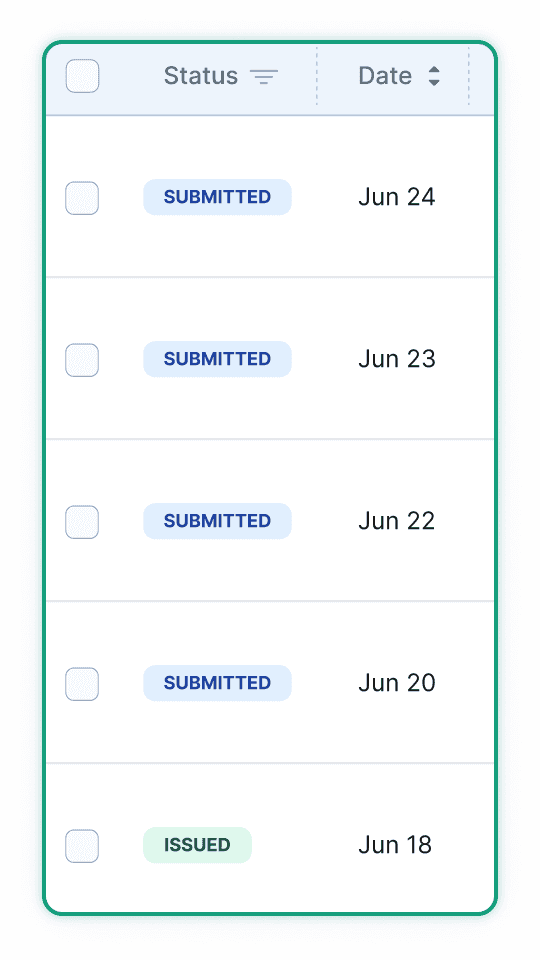 Table showing construction permit status updates, including submitted and issued dates, in Permit Beacon.