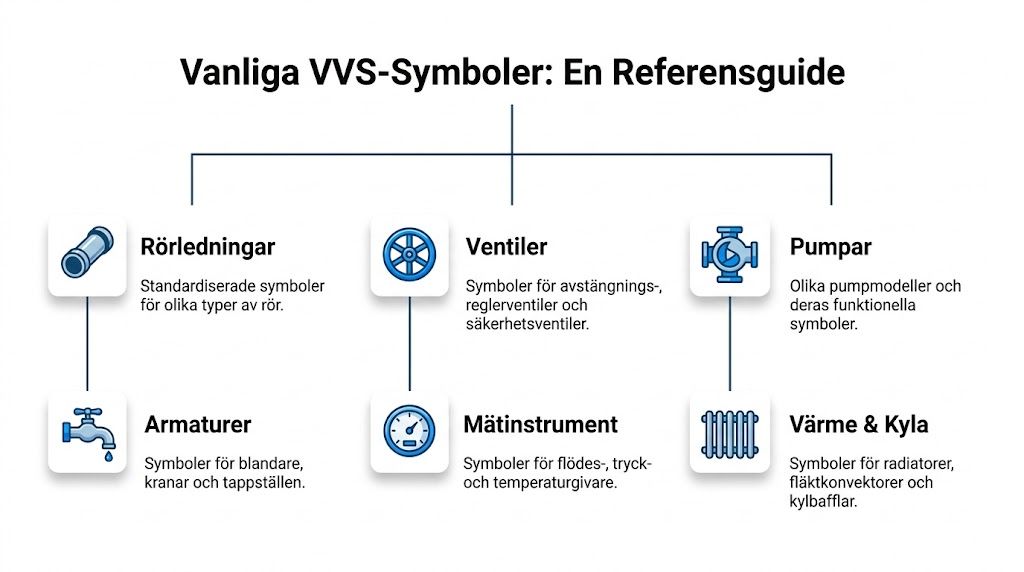 En översiktsbild som visar olika kategorier av VVS-symboler för tekniska ritningar, inklusive rör, ventiler och pumpar.