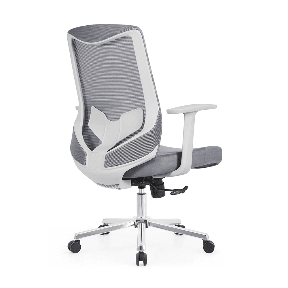 This ergonomic chair features a sleek gray mesh backrest and white framing, designed for optimal lumbar support and comfort in office settings.