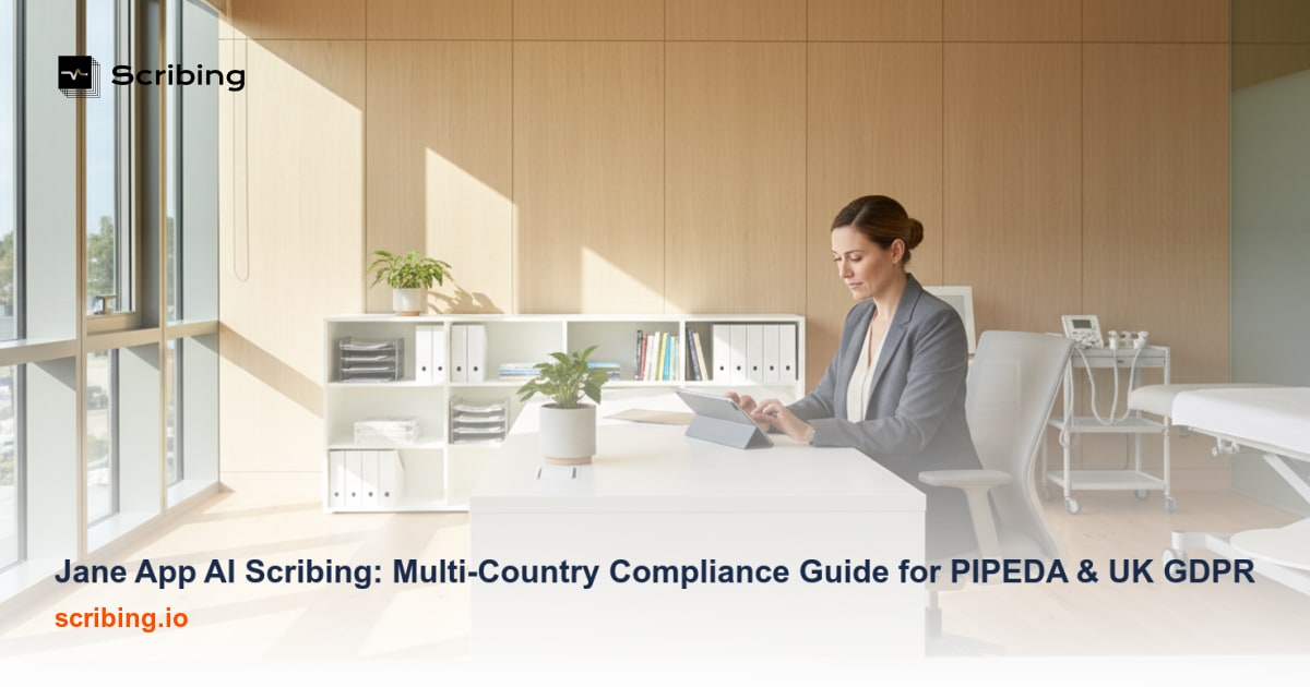 Illustration representing multi-country data compliance for Jane App AI scribing in allied health clinics across Canada and the United Kingdom
