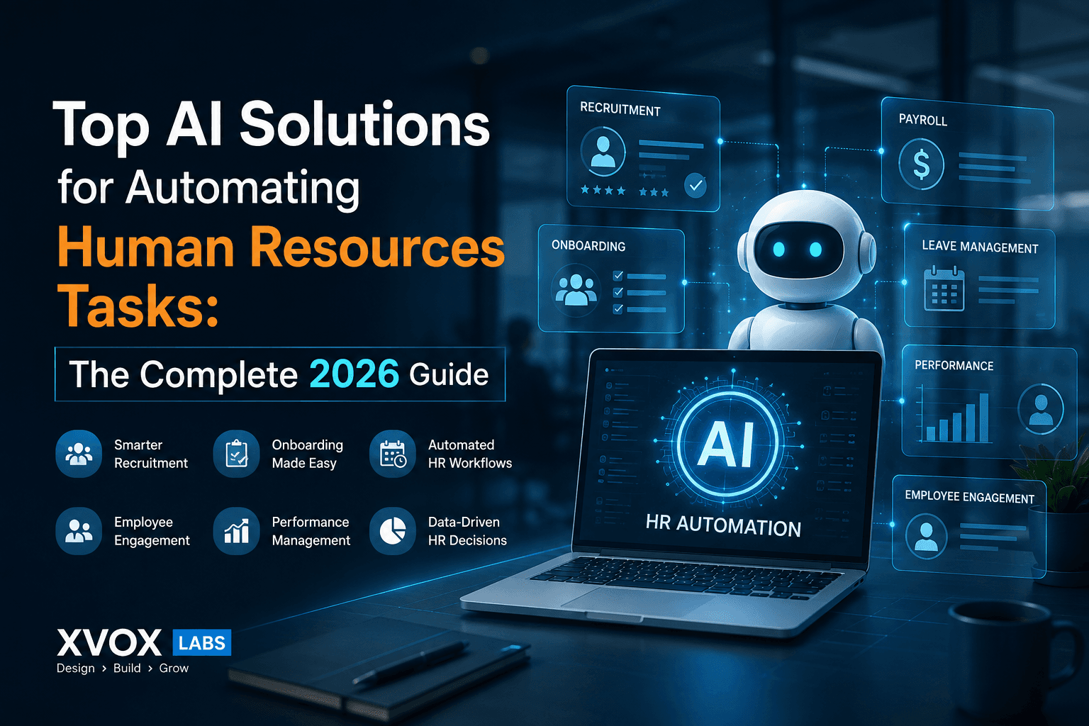 AI-powered HR automation dashboard showing recruitment, onboarding, payroll, leave management, performance, and employee engagement tasks.