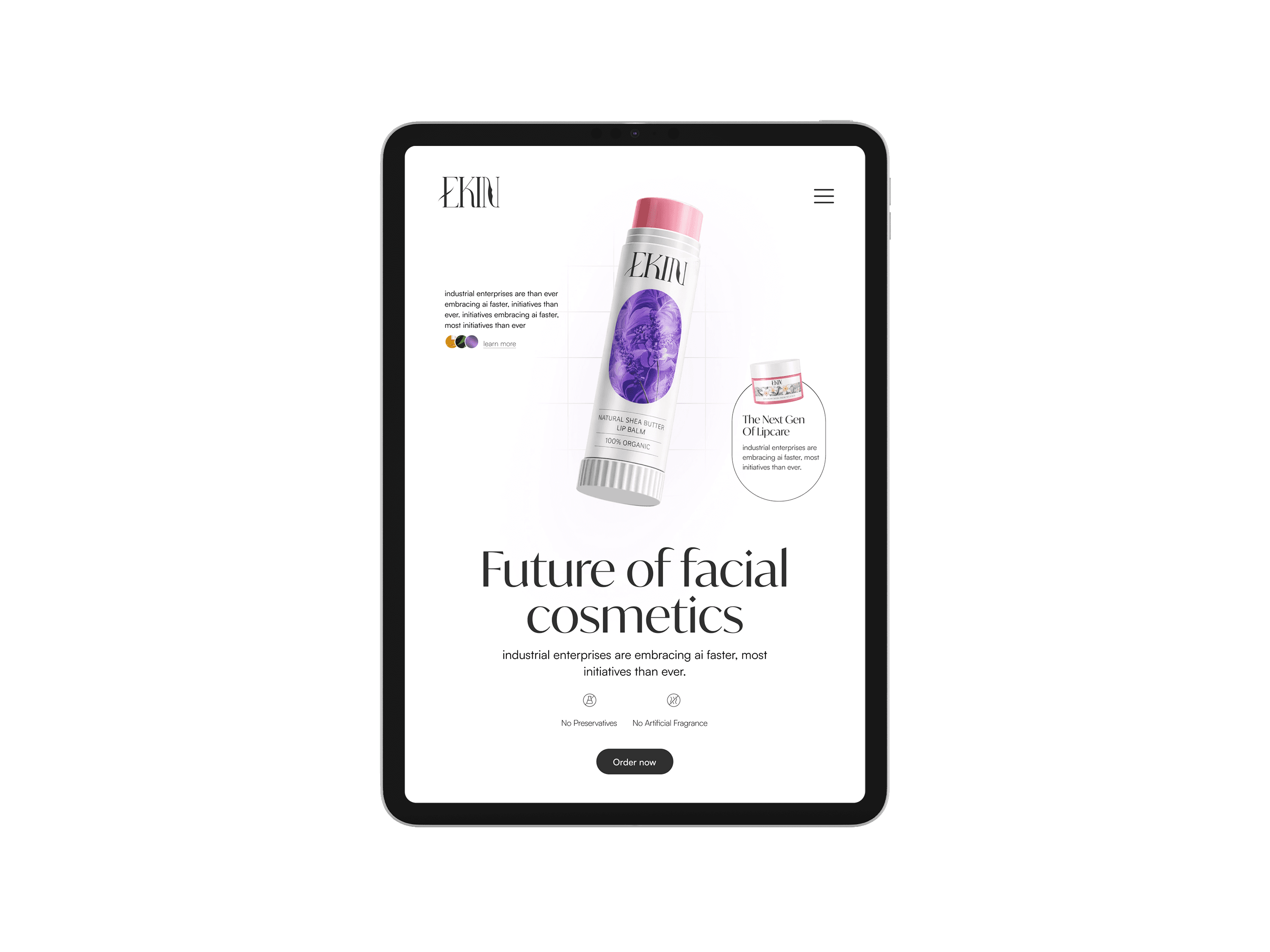 Ekin website design adapted for tablet screen with responsive layout