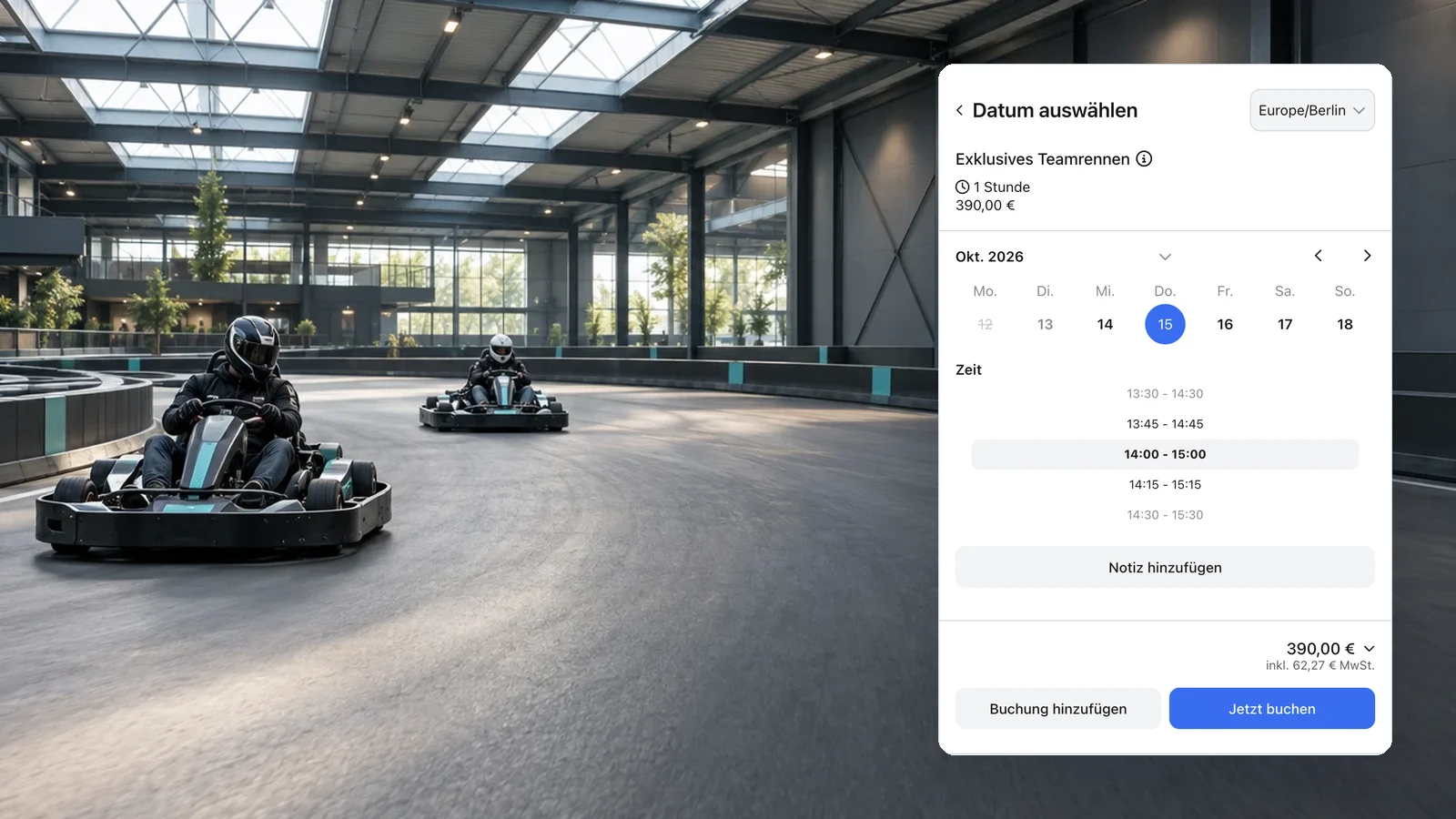 Echte anny Buchung im fiktiven Kurvenwerk Kart am 15. Oktober, 14–15 Uhr, für 390 € pro Gruppe