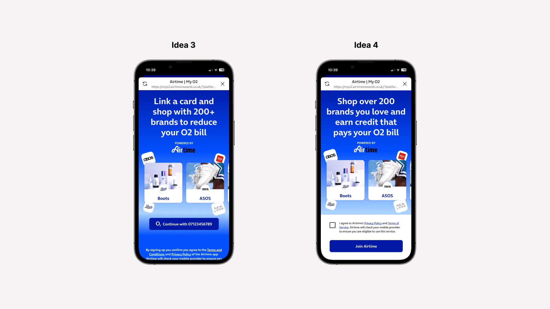 Two mobile screens labelled Idea 3 and Idea 4 showing alternative landing page designs for the Airtime x O2 onboarding.