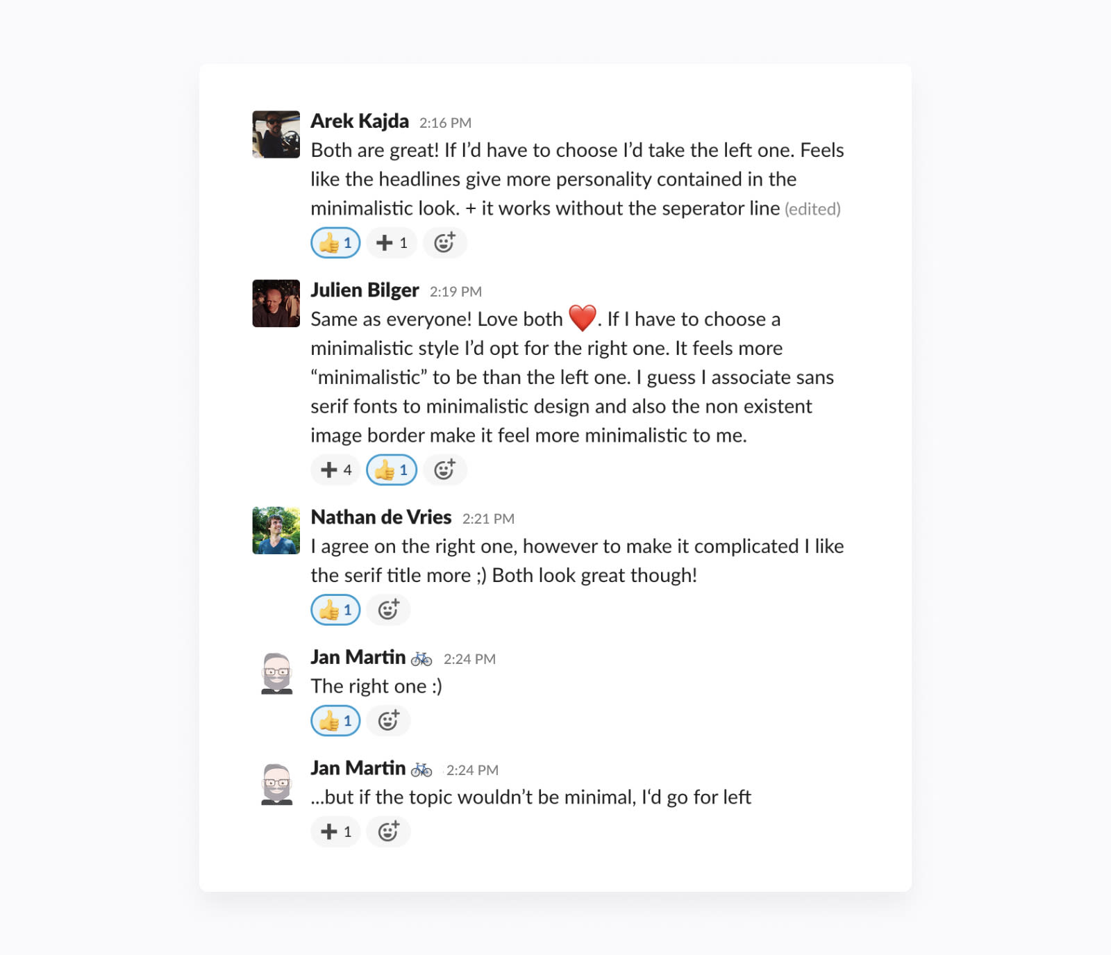 asking for design feedback in slack