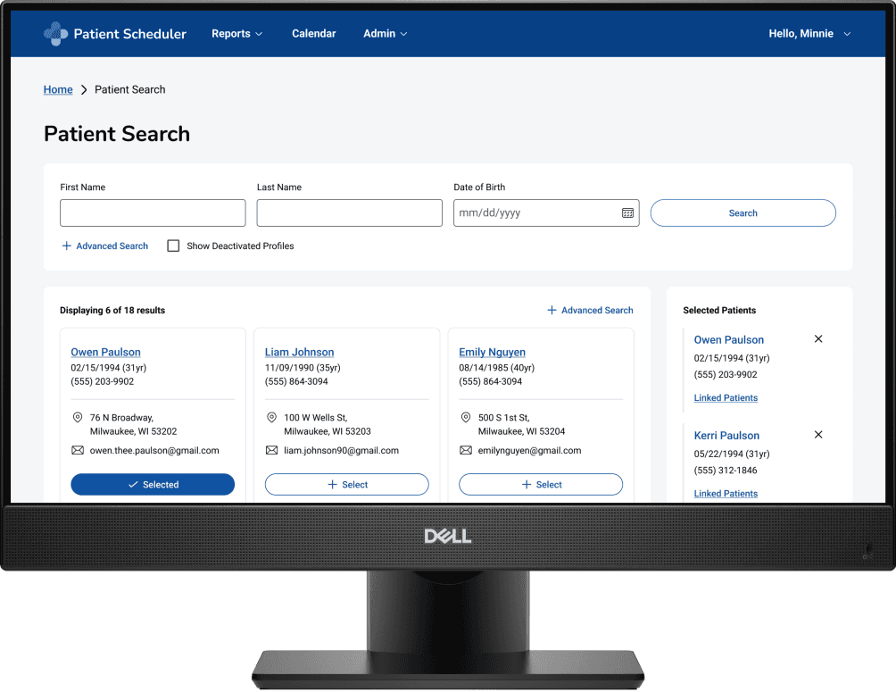 The image shows a computer monitor displaying a patient scheduling application interface with a "Patient Search" section including fields for first and last name, date of birth, and search options, alongside a list of patient details such as addresses and email addresses.