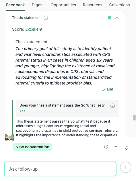 thesify feedback grading a thesis statement about Child Protective Services referrals as excellent because it highlights disparities and advocates for policy change.