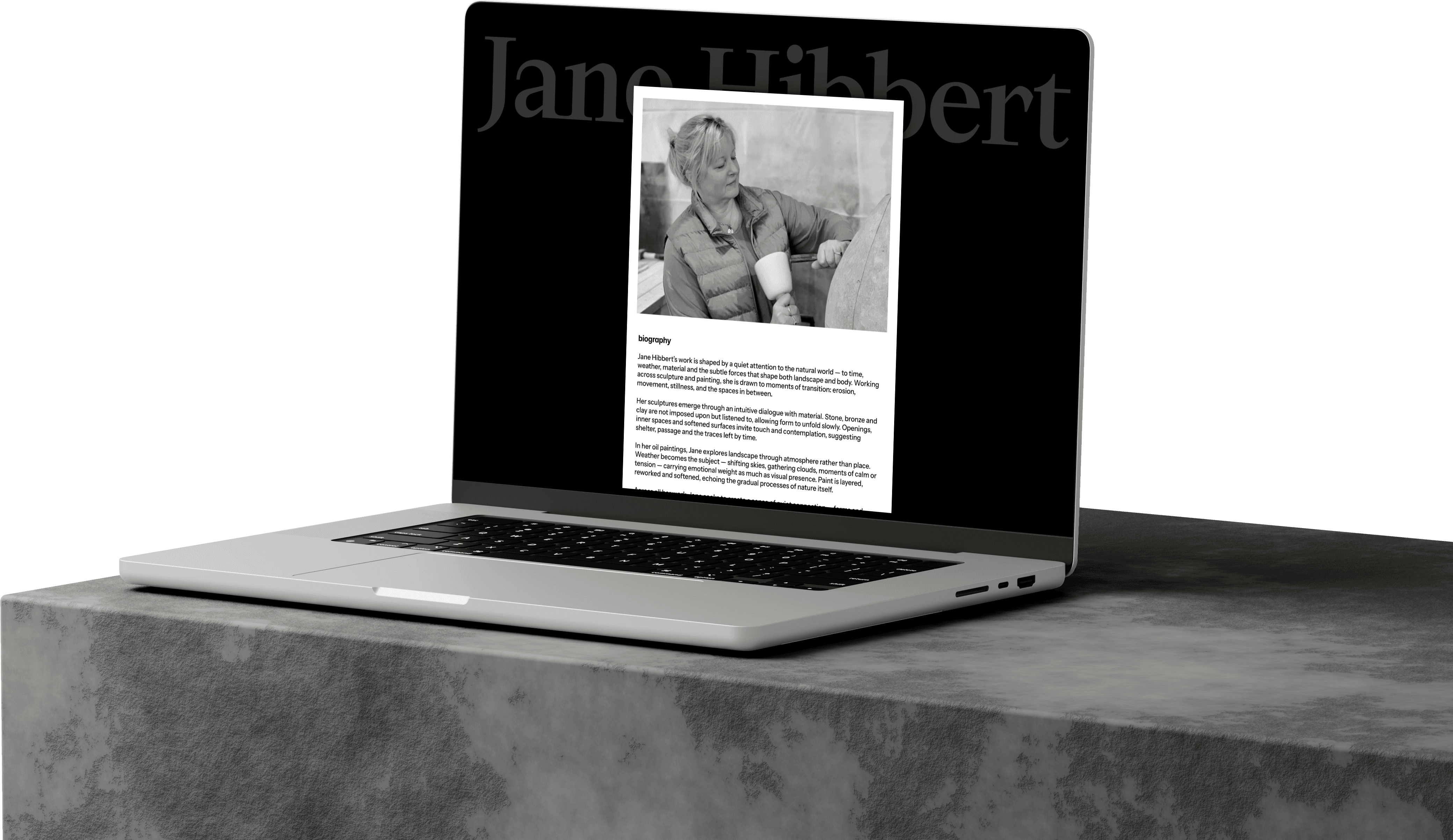 The biography is integrated as part of the visual experience rather than a separate destination.