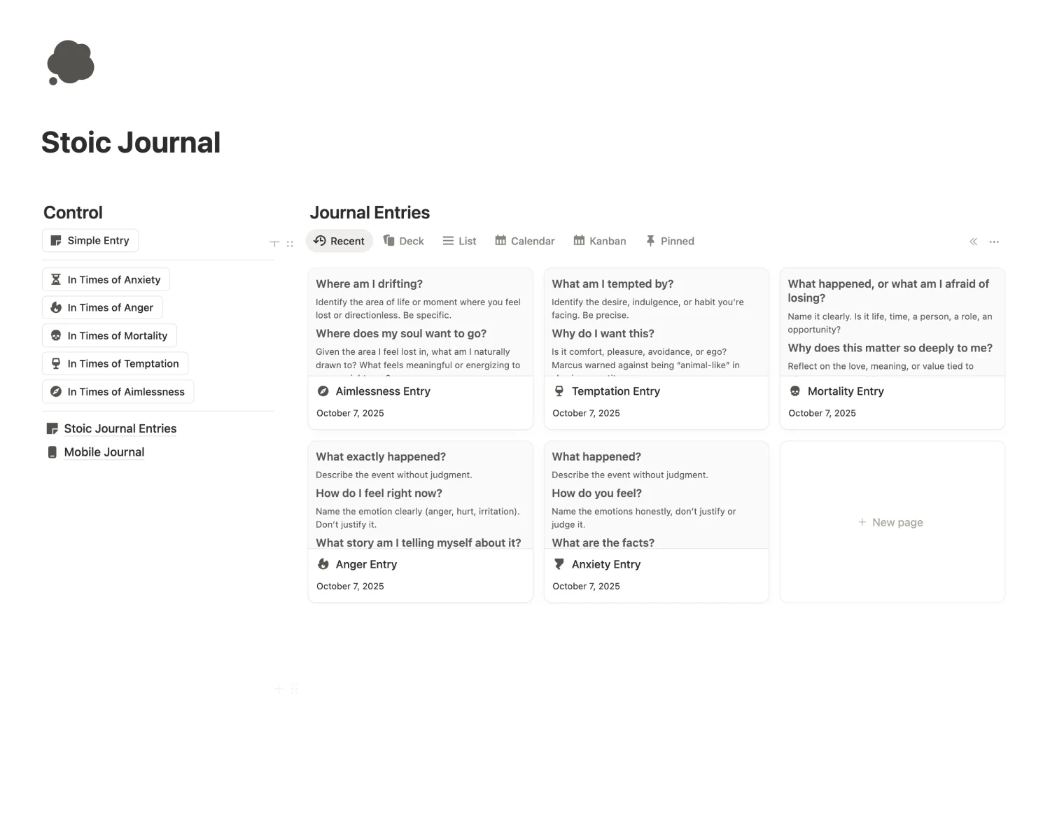 The image displays a Notion template in light mode. The title is "Stoic Journal" the template consists of a gallery view of journal entries.
