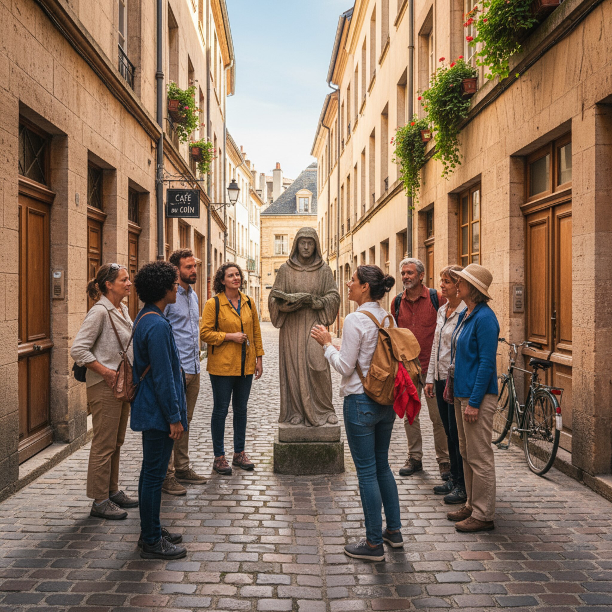 Ein Guide führt eine kleine Gruppe durch eine sonnige Altstadtgasse, Stimmen hallen zwischen Sandsteinfassaden. Ein rotes Tuch am Rucksack markiert den Treffpunkt und wirkt wie ein leiser Anker. Weiches Morgenlicht zeichnet klare Schatten auf das Kopfsteinpflaster. Die Gruppe bleibt an einer Statue stehen, gespannt auf die nächste Geschichte.