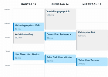 Wochenübersicht mit Terminplan für Montag, Dienstag und Mittwoch.