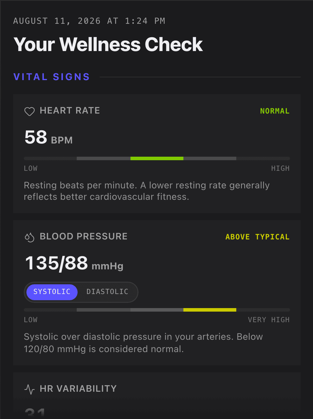 Image of the results interface from Vitals AI