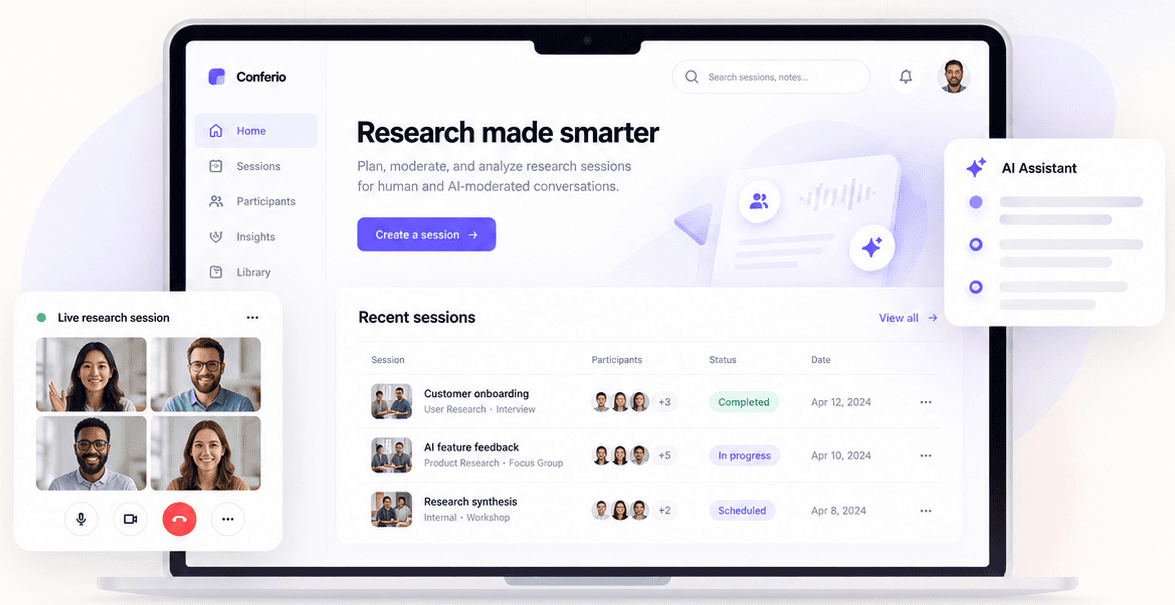 Research conference interface with live participant call and AI assistant