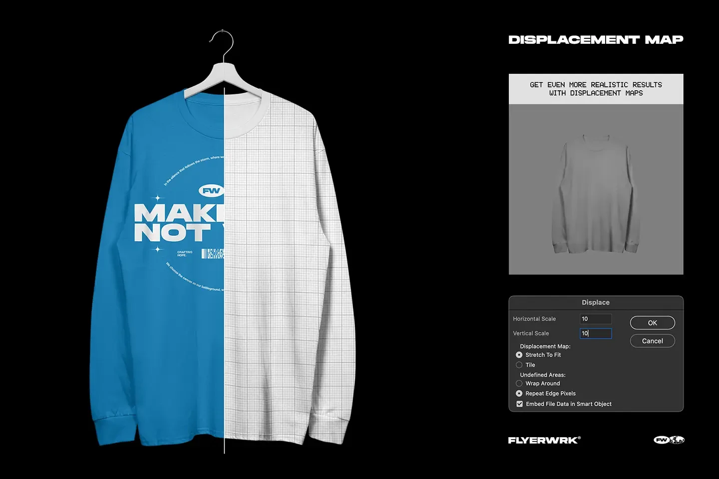 Gildan 2400 long sleeve hanging mockup displacement map for realistic print effects