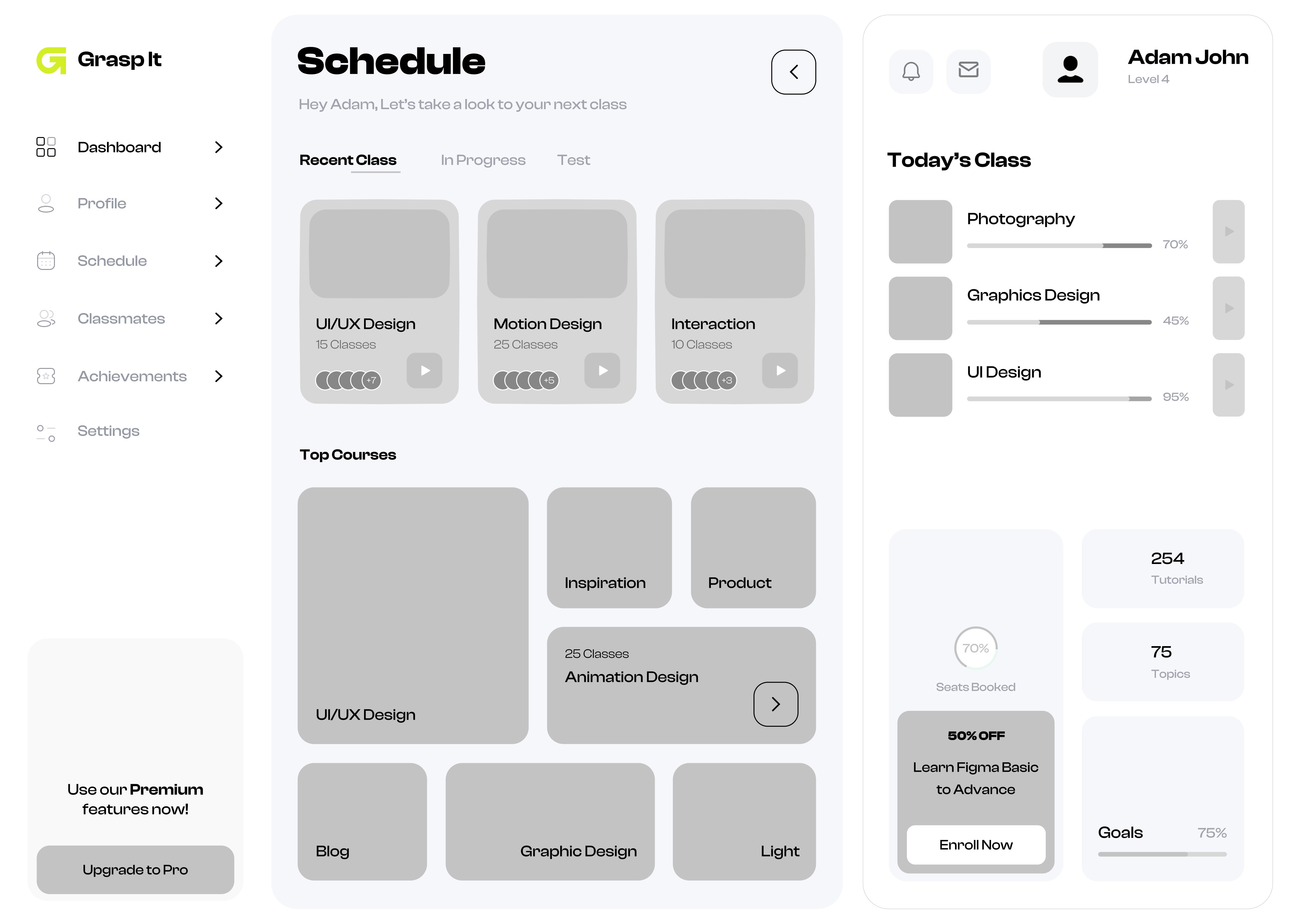 The image displays a user interface for a productivity and course management app featuring a modern design with sections for scheduling classes, tracking top courses, and monitoring progress within various categories such as UX/UI Design, Motion Design, and Interaction.