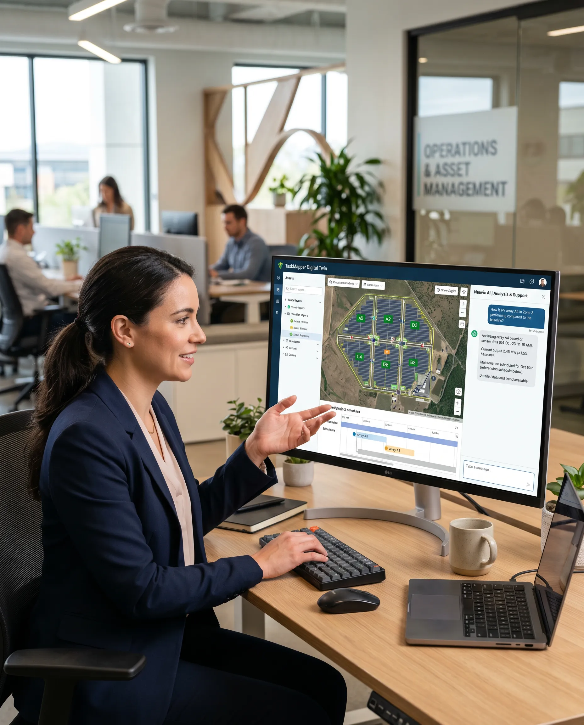 A woman works on a laptop displaying a global solar operations dashboard, seated at a desk in a bright office with solar panels visible outside the window.