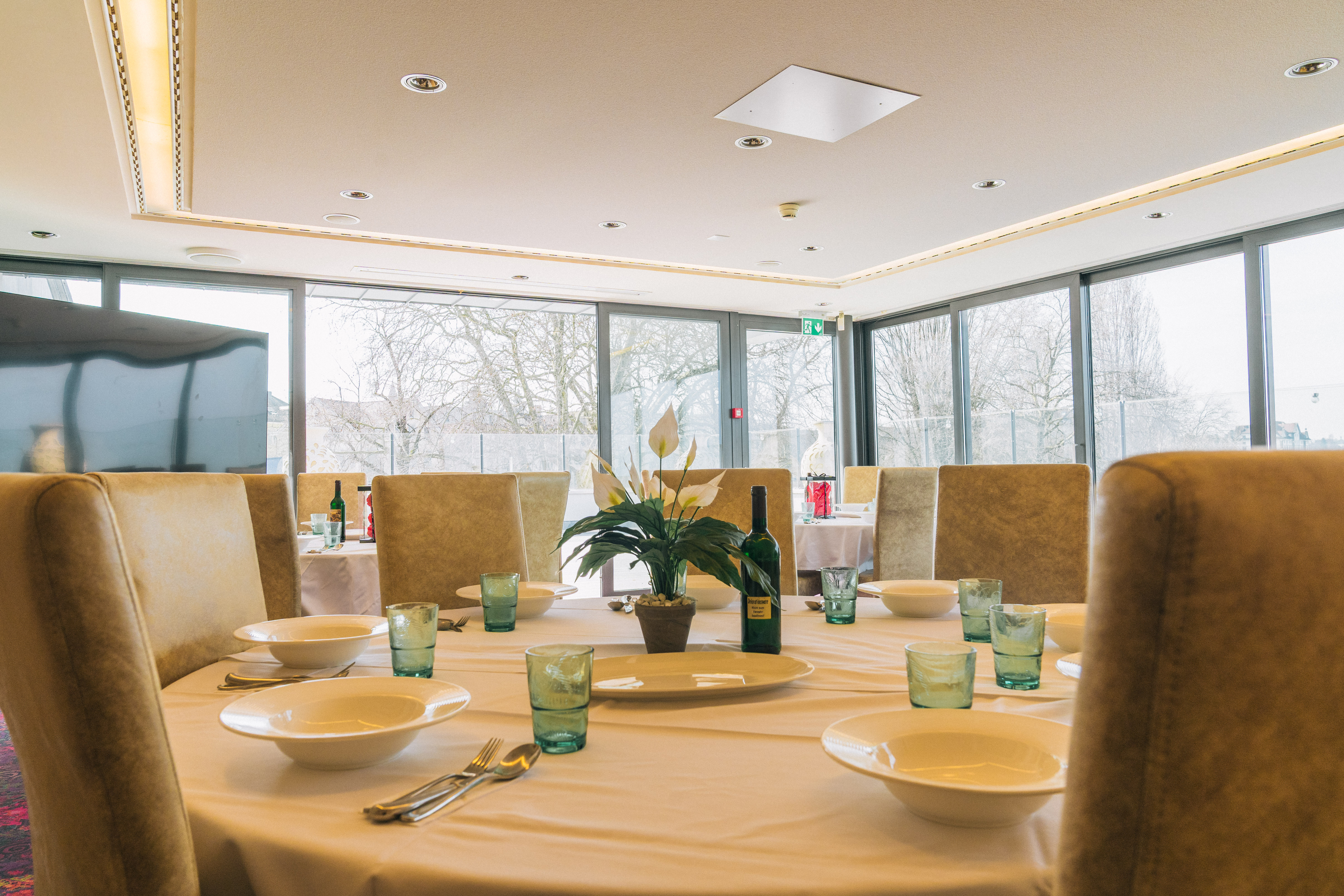 empty table and chairs inside building