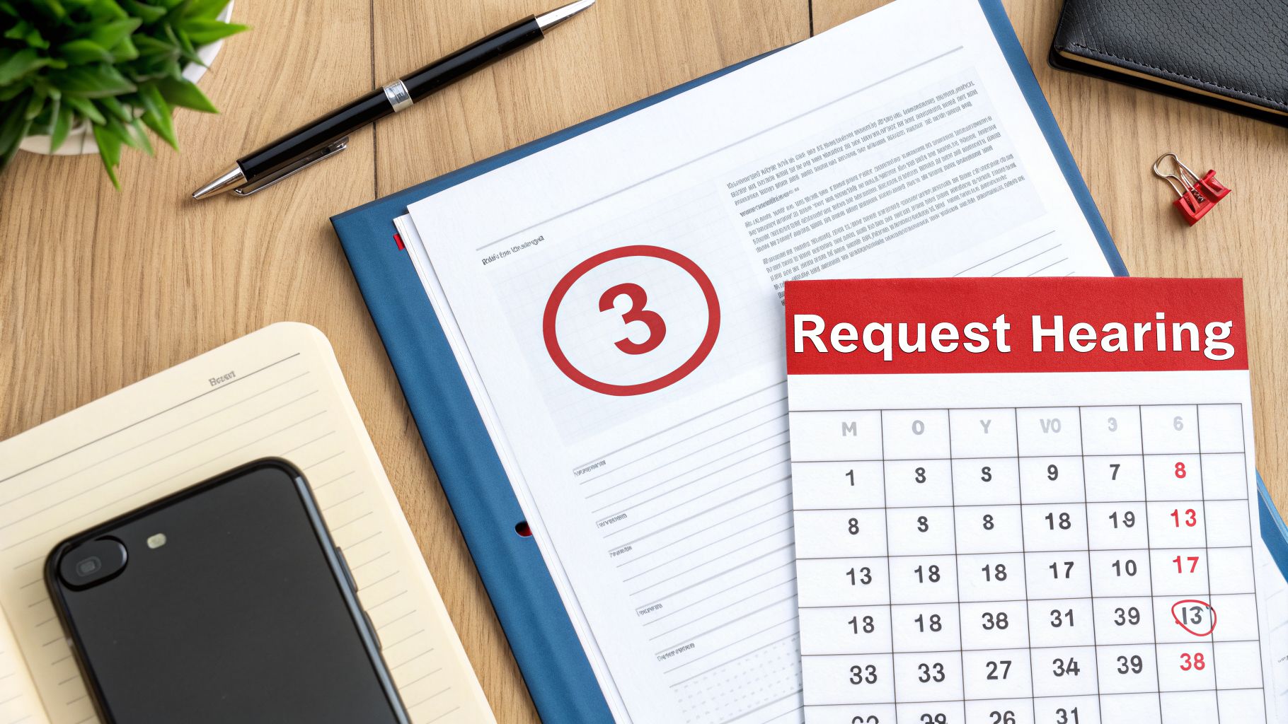 A desk with documents, a calendar showing 'Request Hearing' and marked dates, a pen, and a phone.