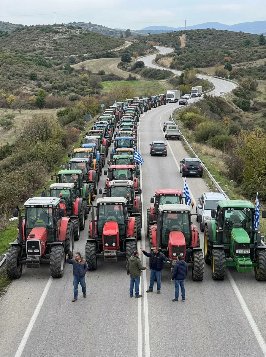 Greek farmers with tractors gathered at a rural road blockade near Mpralos