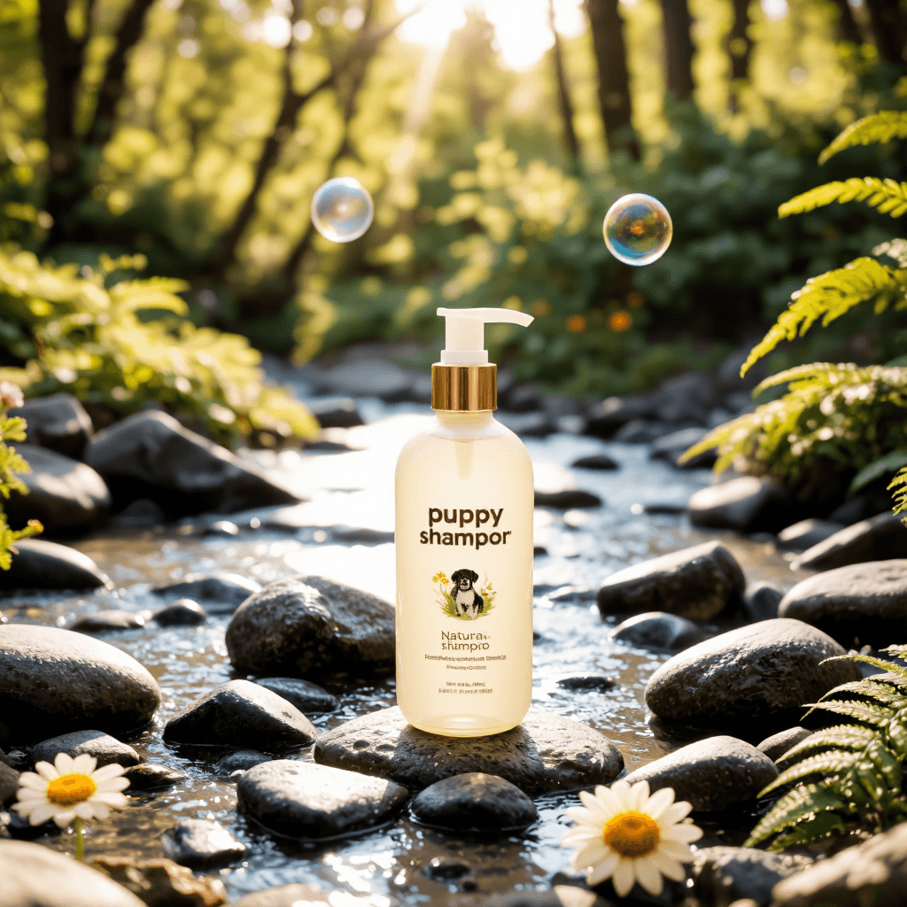 product photography of puppy shampoo