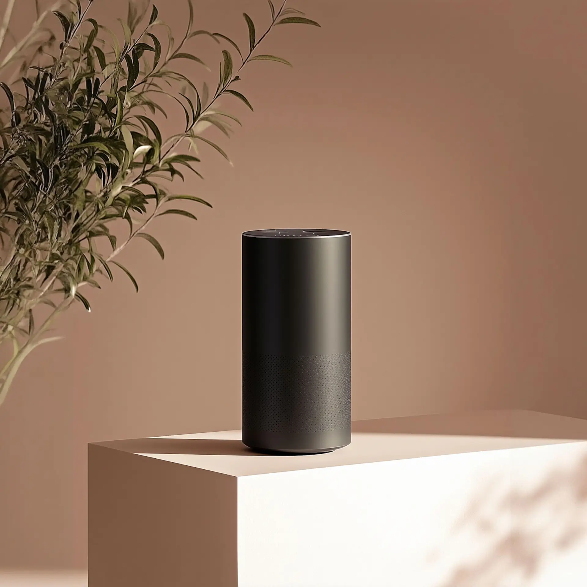 A sleek black smart speaker placed on a minimalist table with soft lighting.