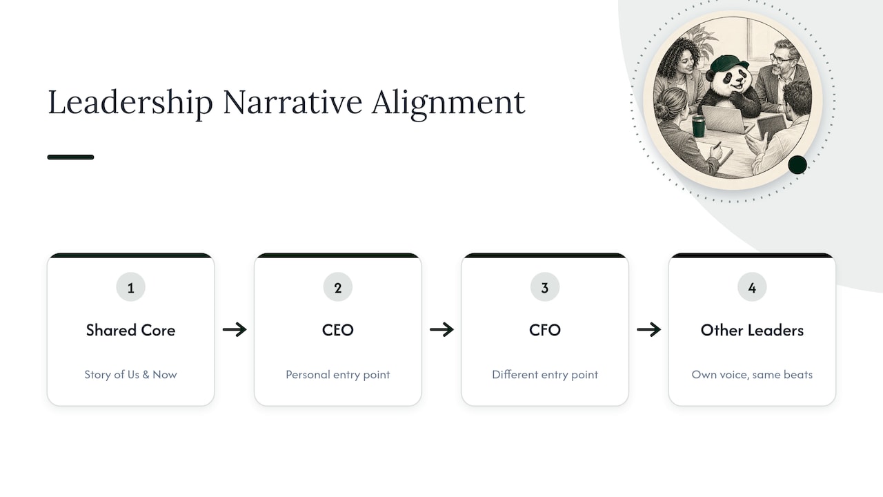 Shared story elements with distinct leader perspectives