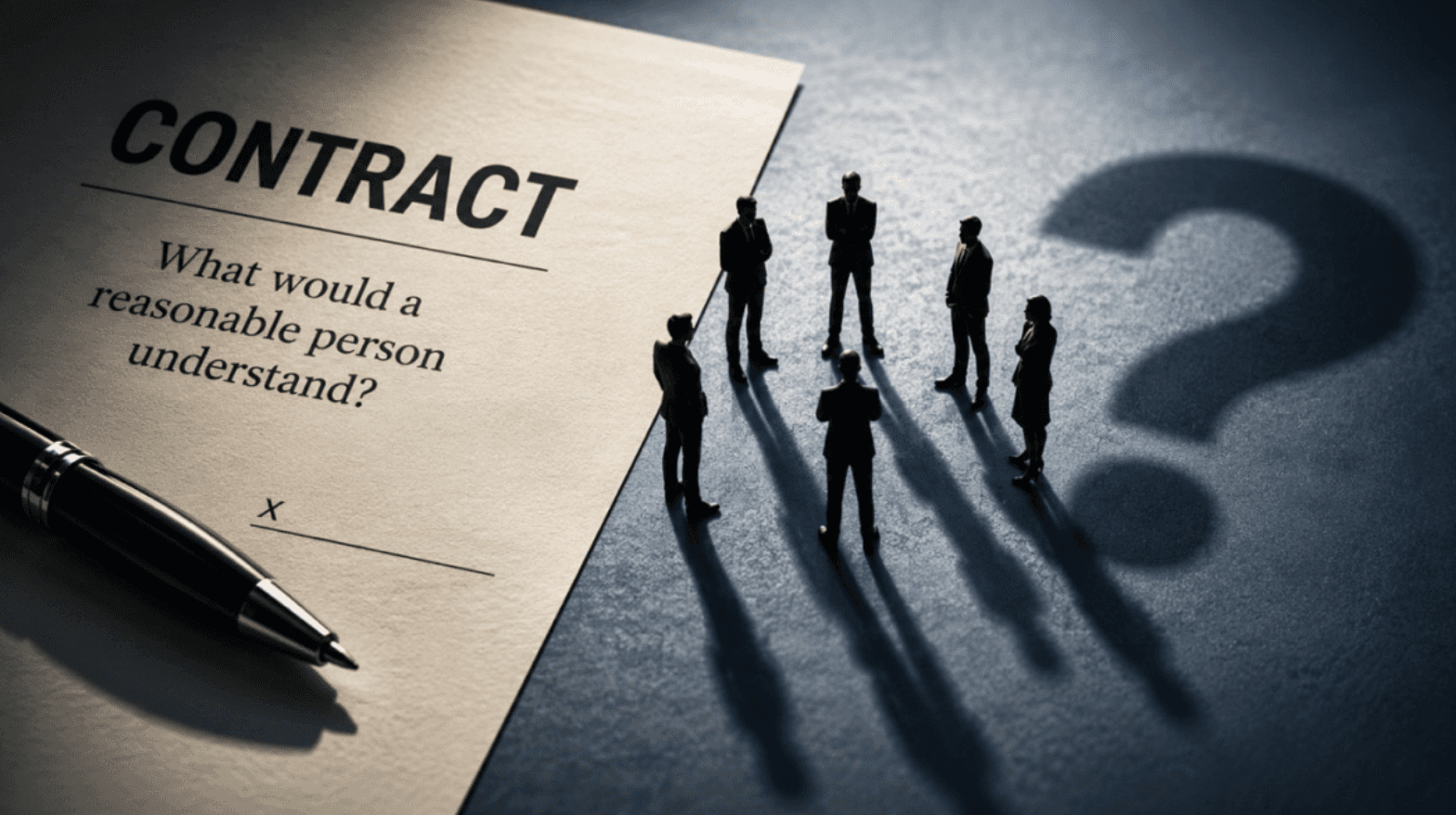 Contract document with pen and businesspeople questioning its terms.