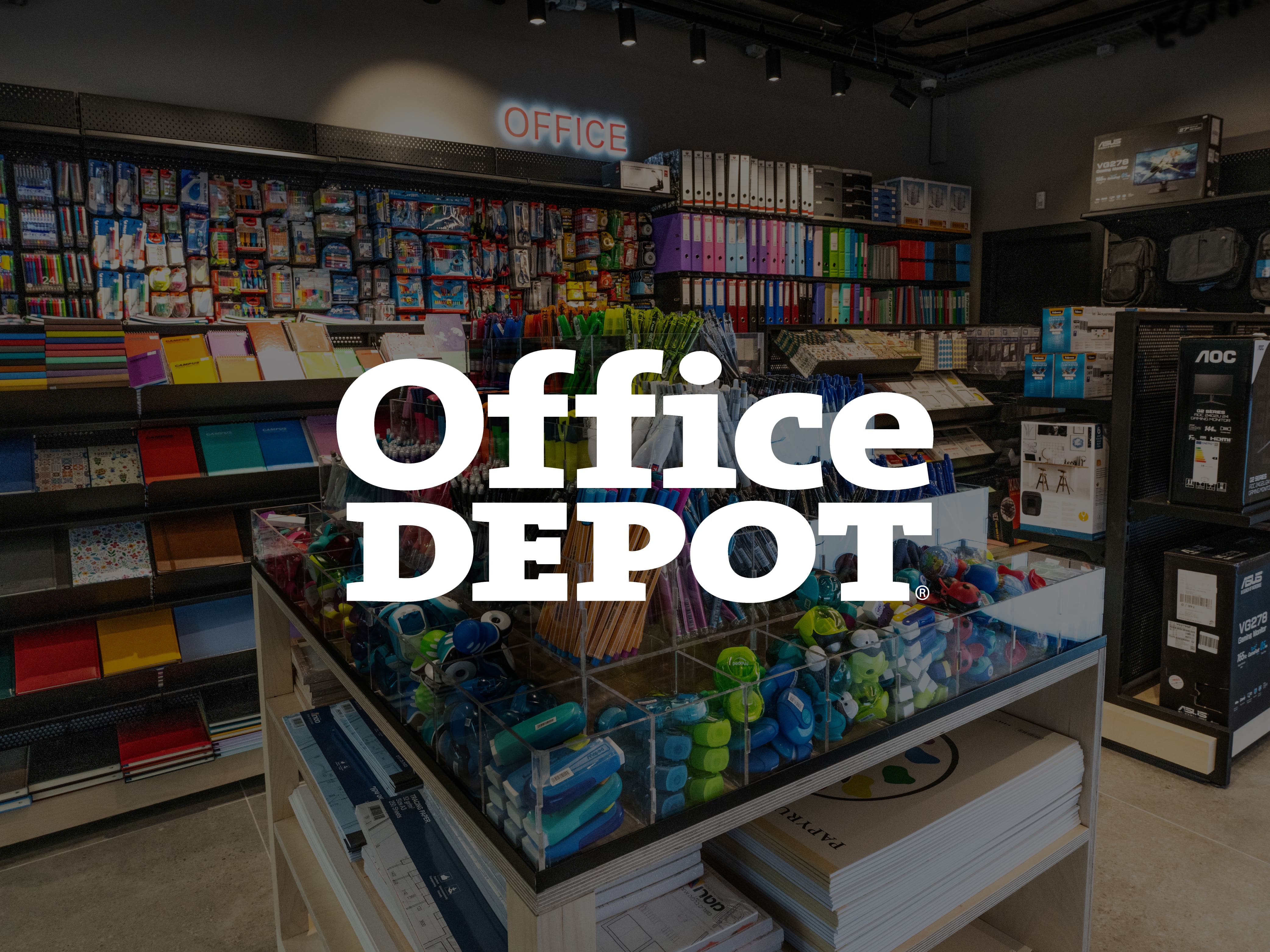 office depot logo on a dark background of a picture of the branch