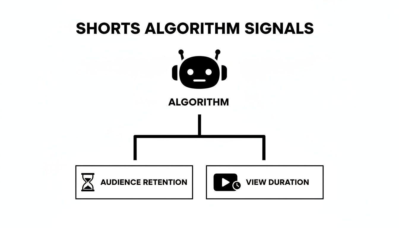 A diagram illustrating YouTube Shorts algorithm signals, showing Audience Retention and View Duration.