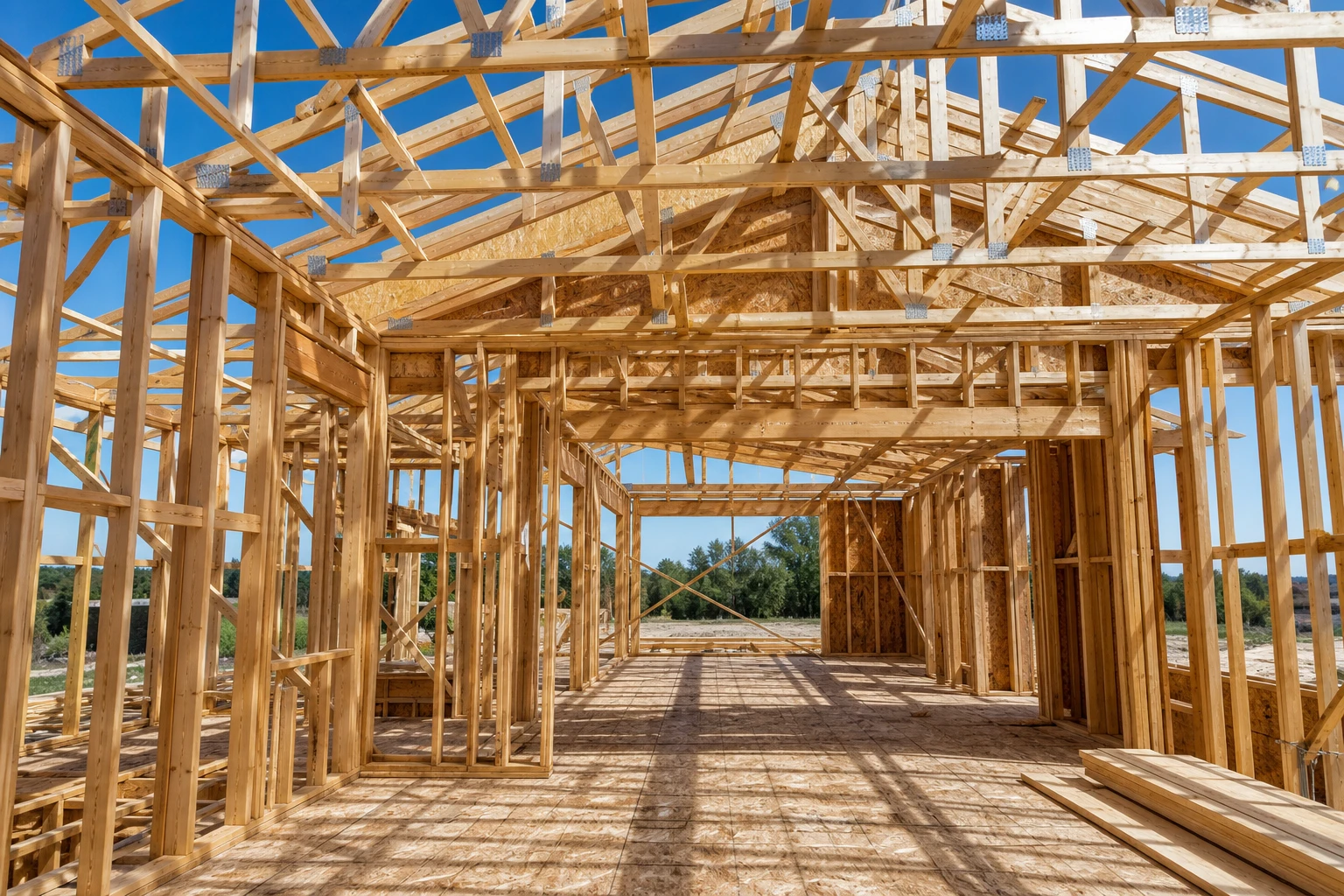Wood framing of a new construction home in North Carolina awaiting framing inspection