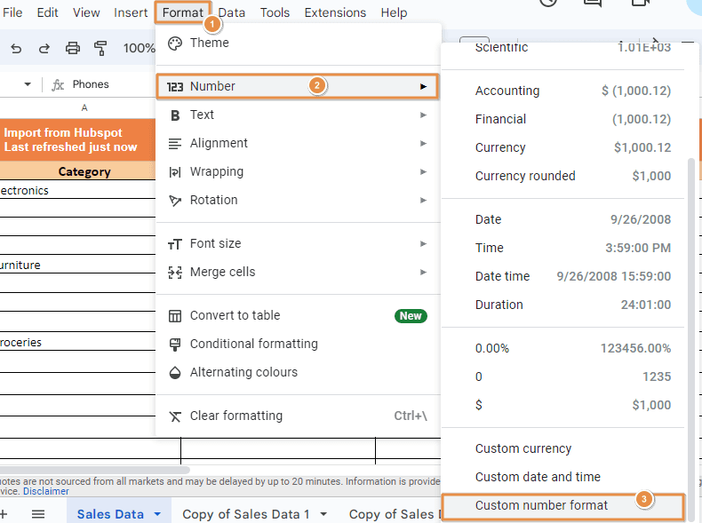 Go to the Format menu and choose Number > More Formats > Custom number format.