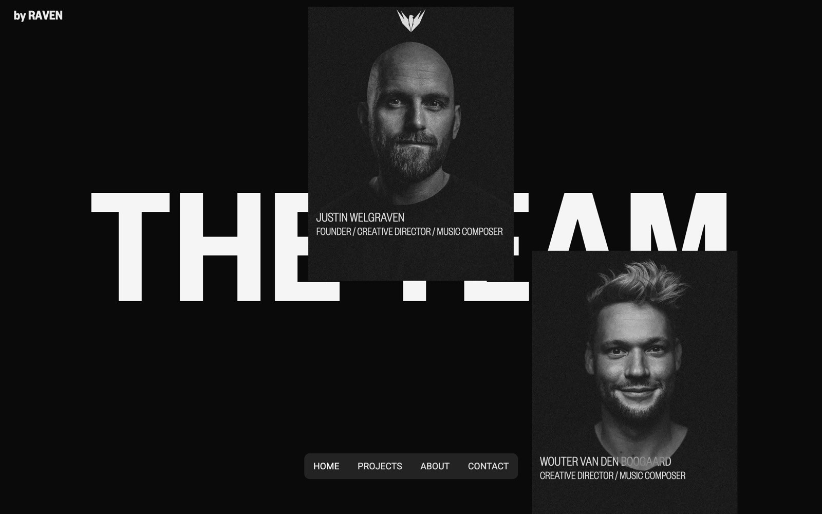 Black and white portraits of two men with text: "Justin Wielghaven, Founder/Creative Director/Music Composer" and "Wouter van den Broek,...