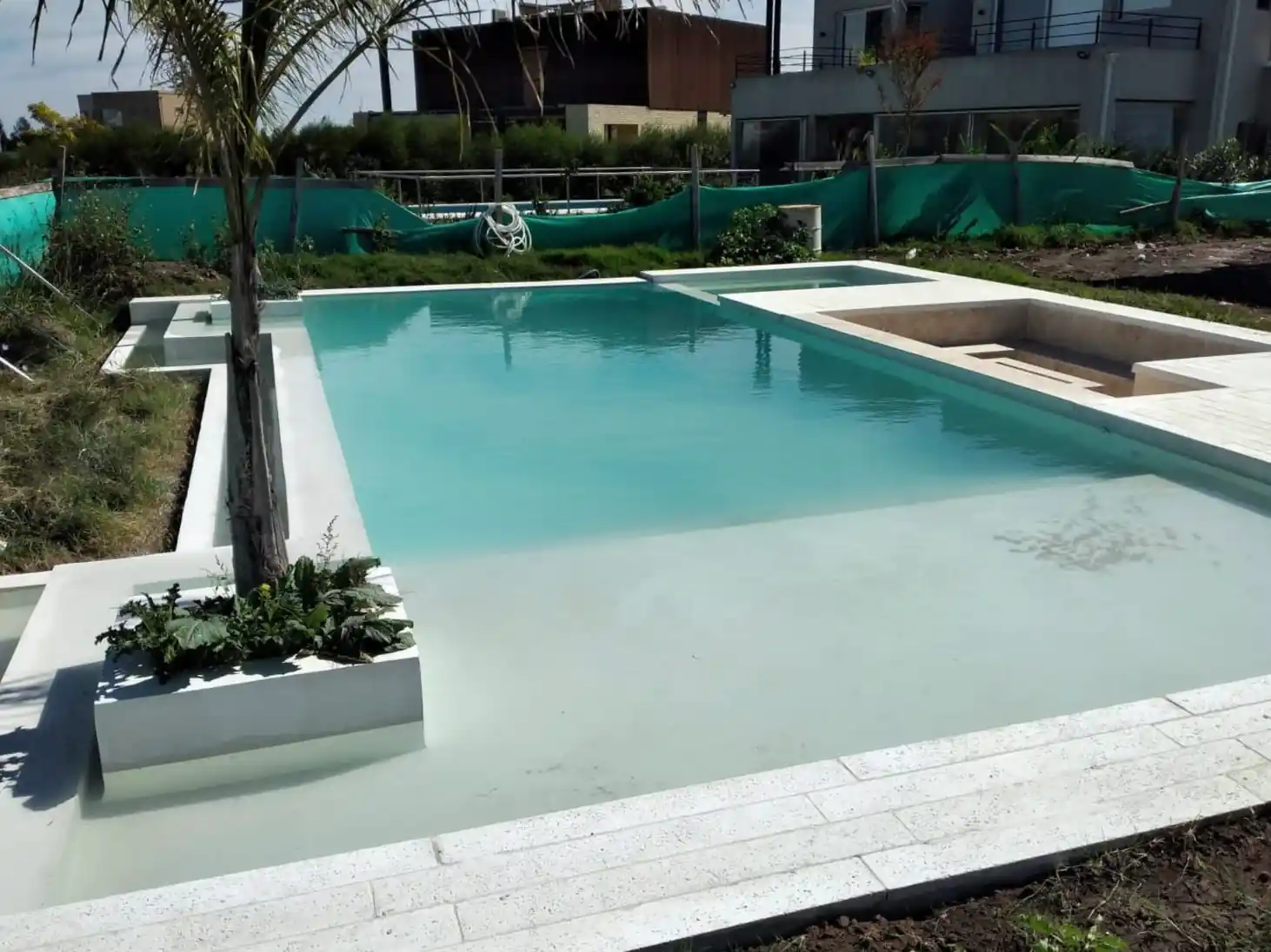 Diseño de piscina moderna en hormigón con sector de hidromasaje y un exclusivo cantero integrado con palmera, rodeada de bordes atérmicos blancos.