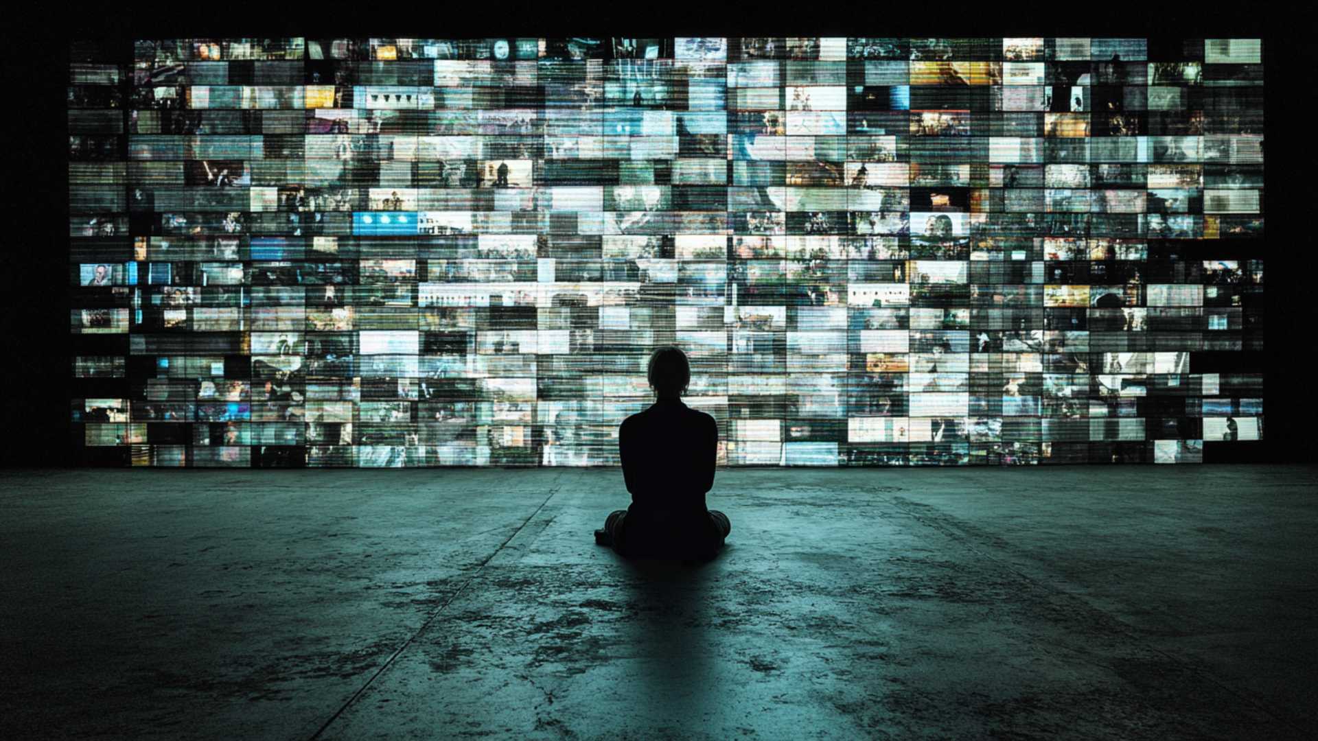 A symmetrical, cinematic photograph in a cold-blue Kubrick style. A lone viewer sits in a dark, concrete room facing a massive wall of hundreds of vertical video fragments (Micro-Mega loops) of heritage and modern content.