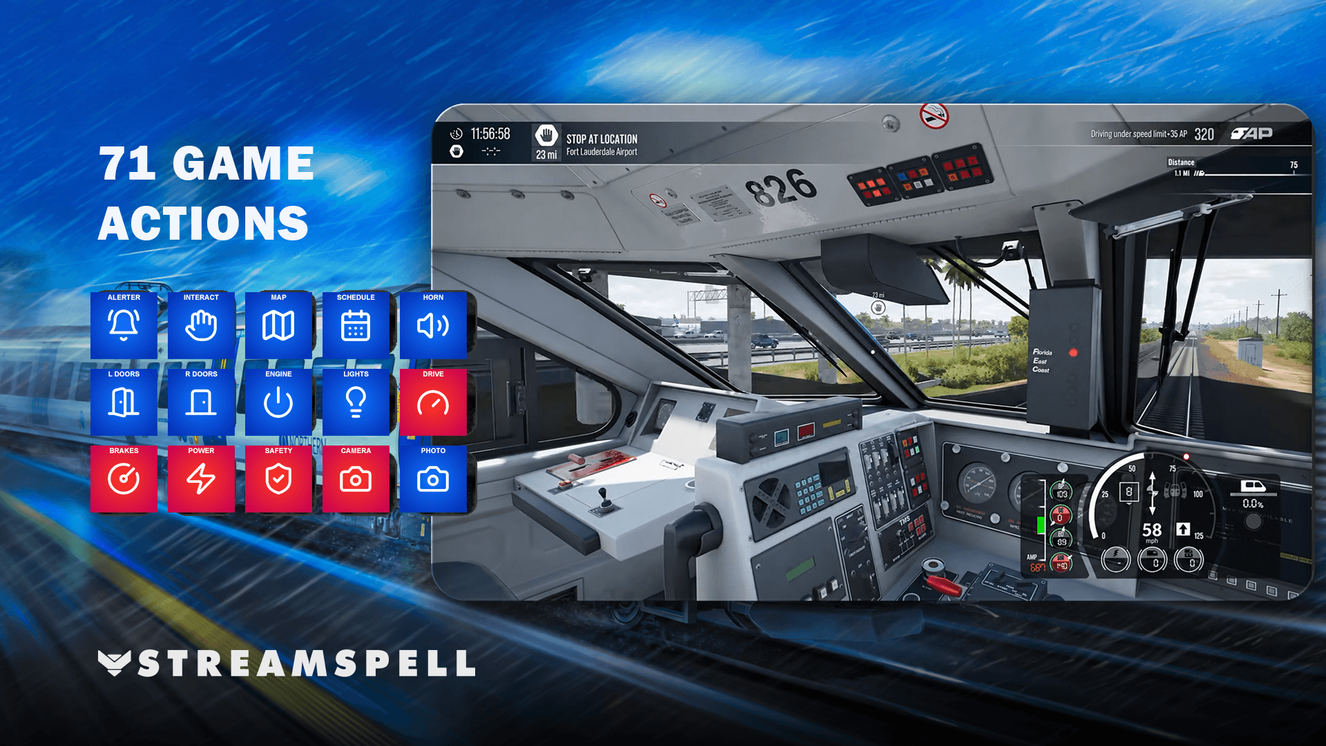 Train Sim World 7 gameplay with Stream Deck controls for driving, braking, cab and safety actions