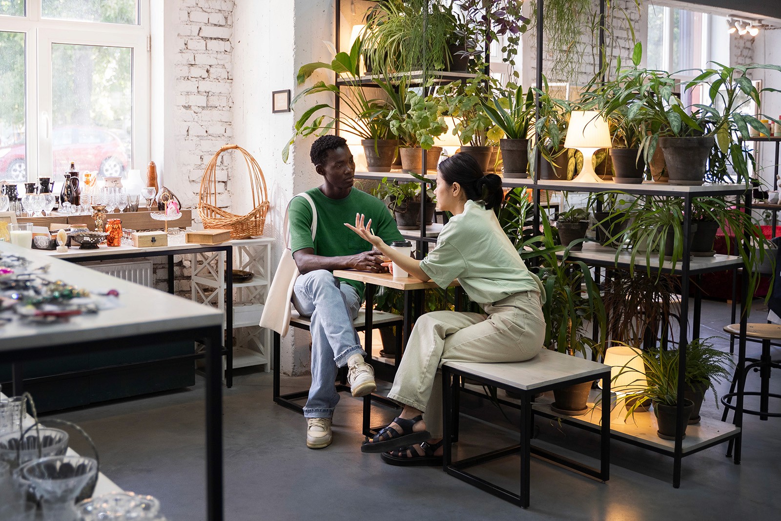 Two people talking at table in plant-filled café