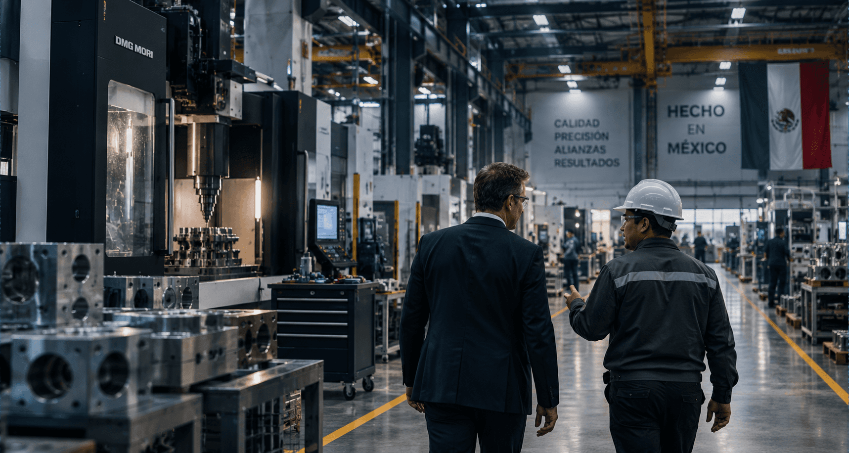 Two professionals walking through a modern manufacturing facility