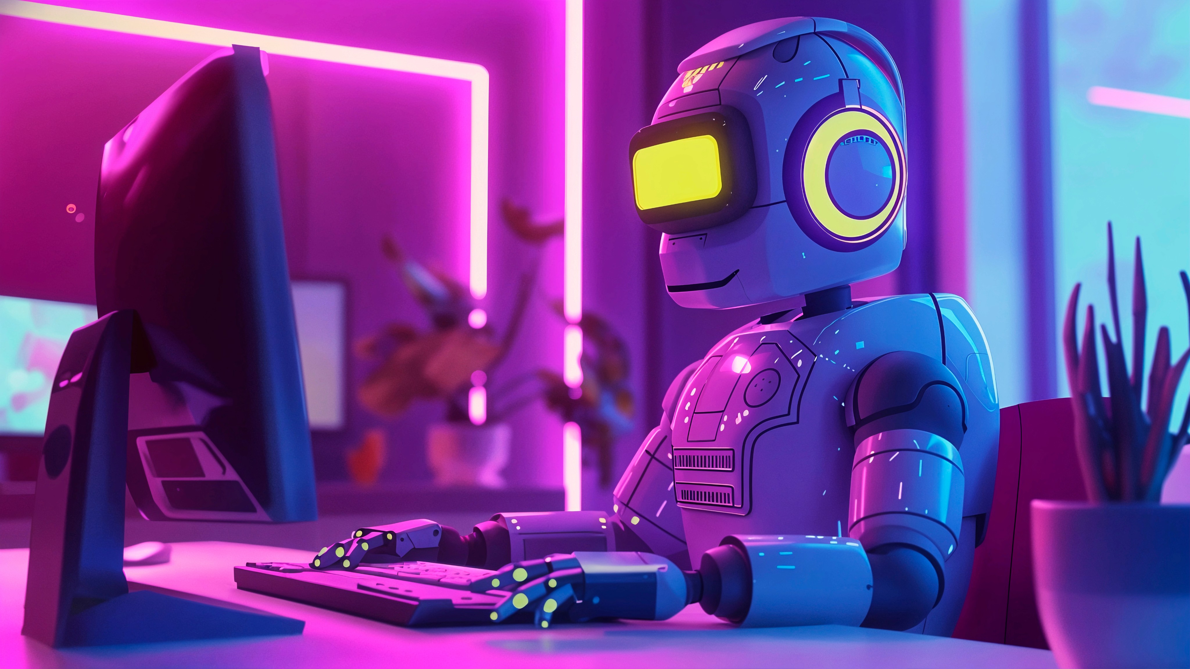  Robot using computer in neon.