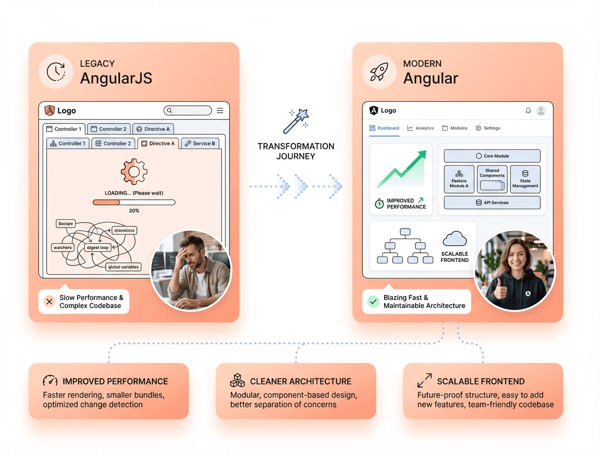 “Legacy AngularJS application transitioning into a modern Angular interface, highlighting improved performance, scalability, and reduced technical debt.”
