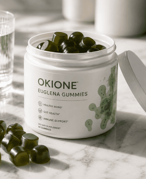 Image of a jar of OkiOne Euglena gummies