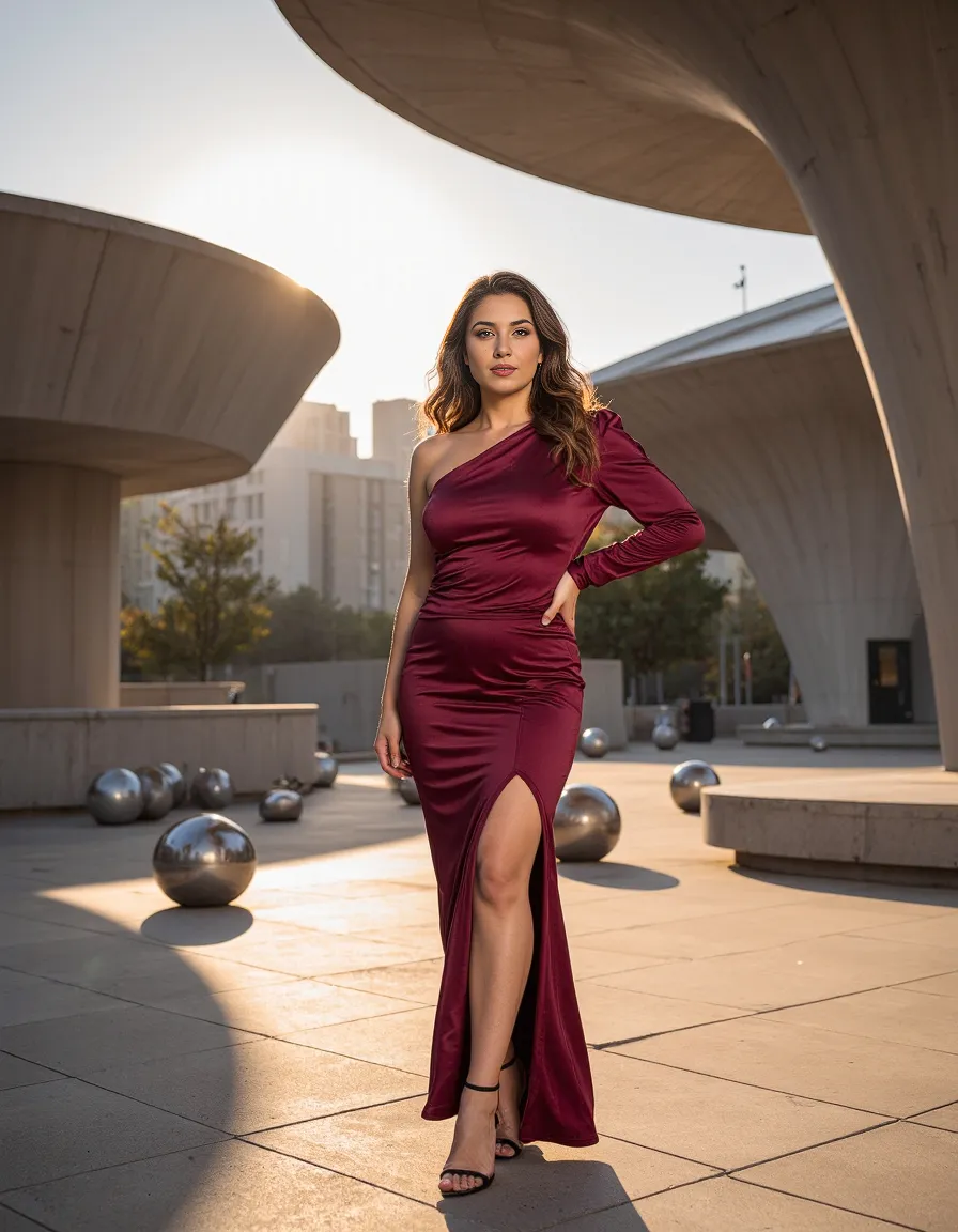 Burgundy one-shoulder evening gown photographed in modernist concrete plaza with sculptural curves and silver spheres at golden hour