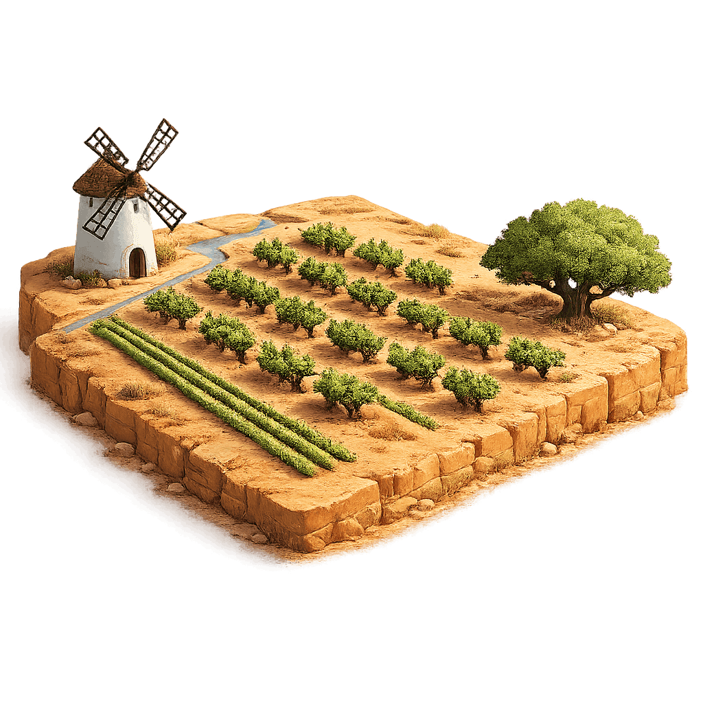 Artistic illustration of the La Mancha wine region.