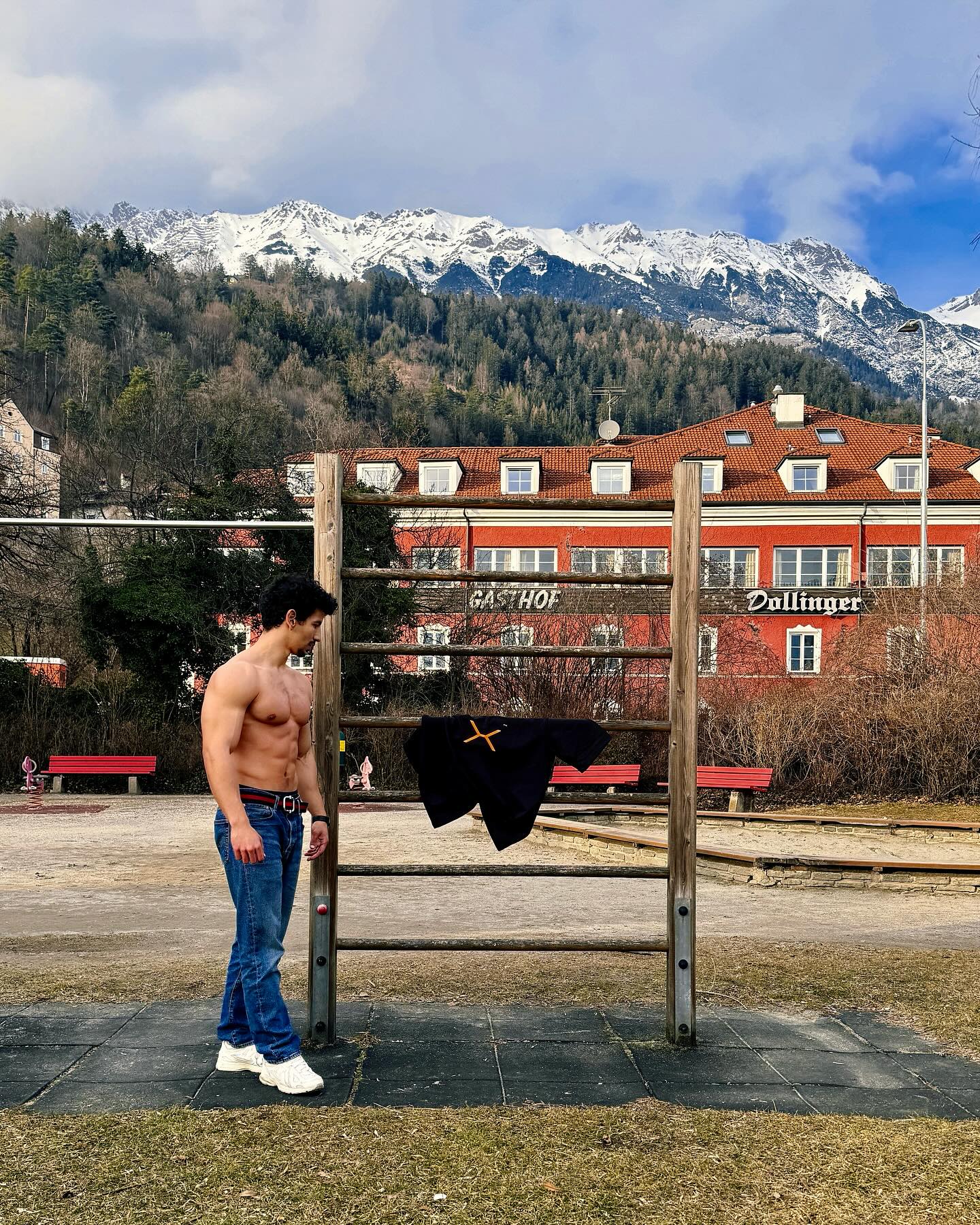 Drone shot of a running track at night