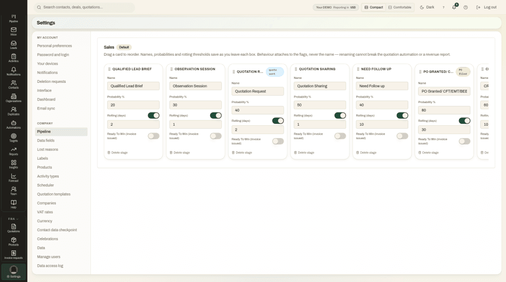 Vireo Pipeline settings screen