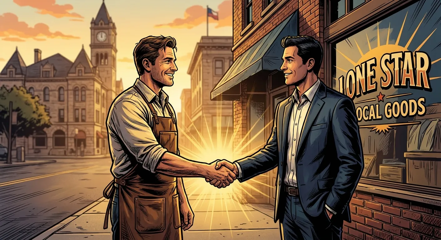 Two men shaking hands outside a store, symbolizing RockN' Socials Digital Marketing Agency.