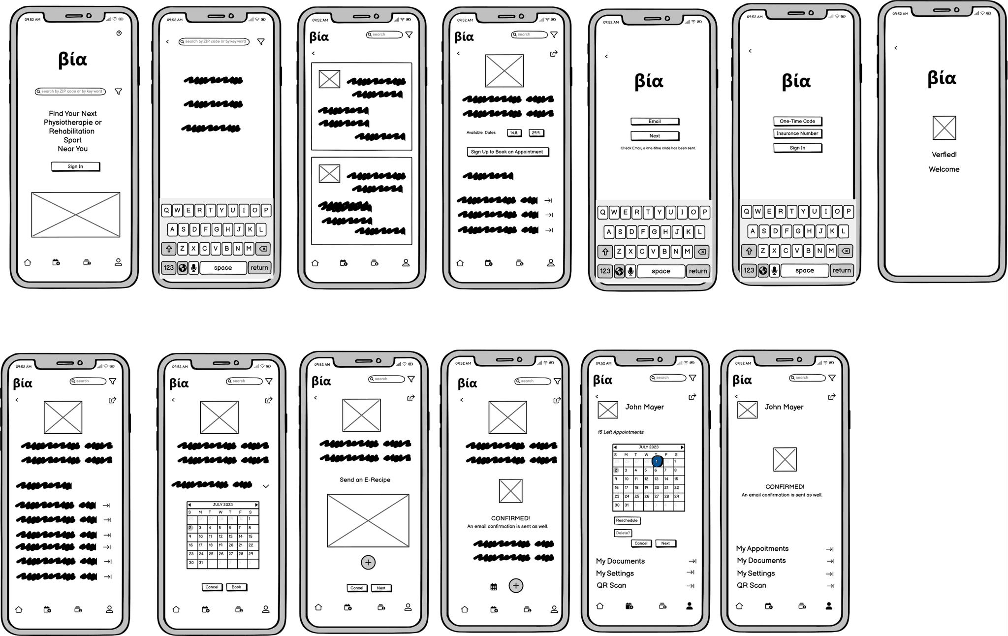 bia schedulling physiotherapy native app lofi wireframes